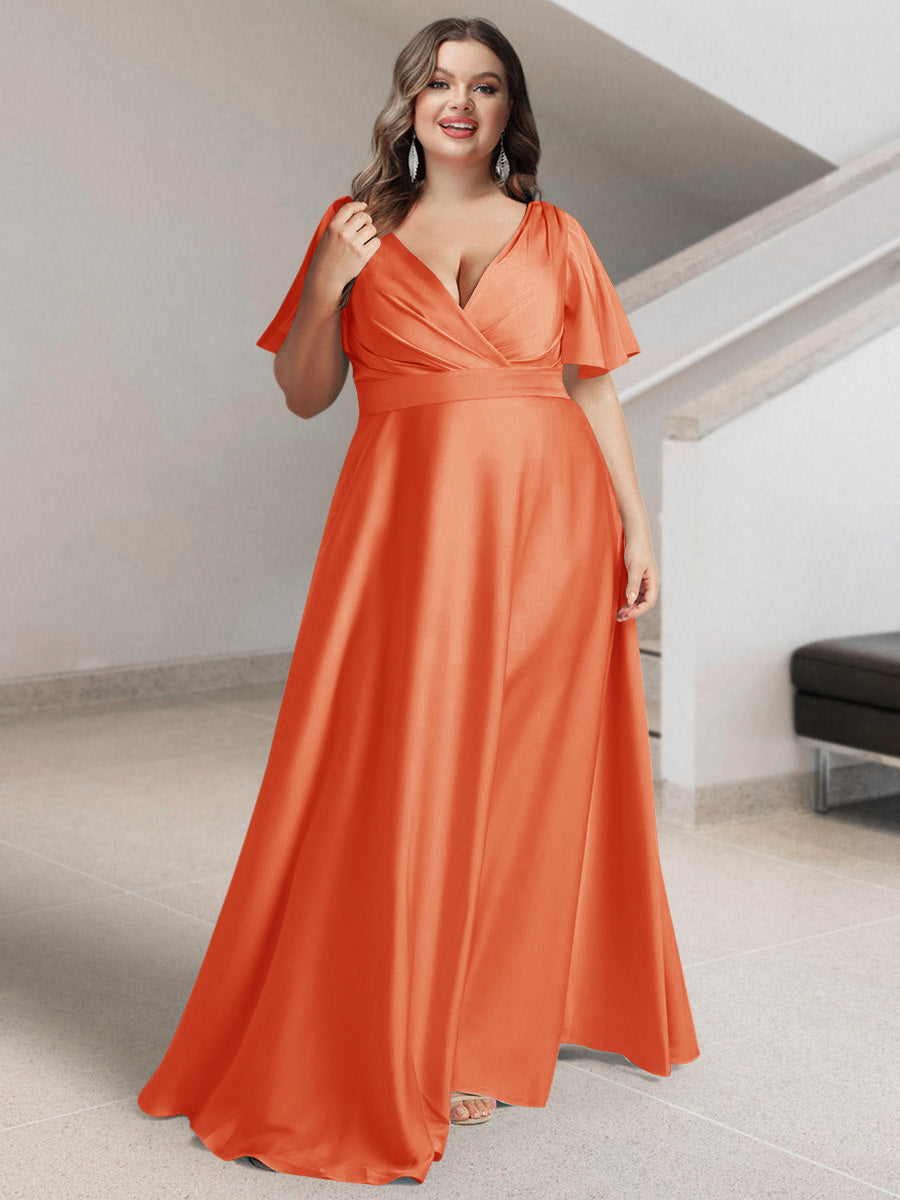 A-Line/Princess V-Neck Short Sleeves Silk Satin Plus Size Bridesmaid Dresses with Pockets - Image 49