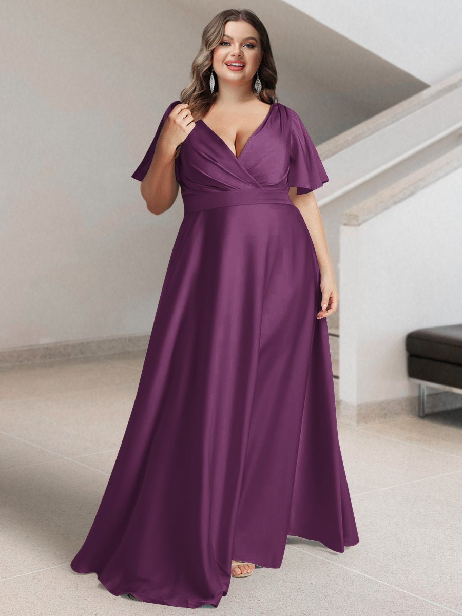 A-Line/Princess V-Neck Short Sleeves Silk Satin Plus Size Bridesmaid Dresses with Pockets - Image 29