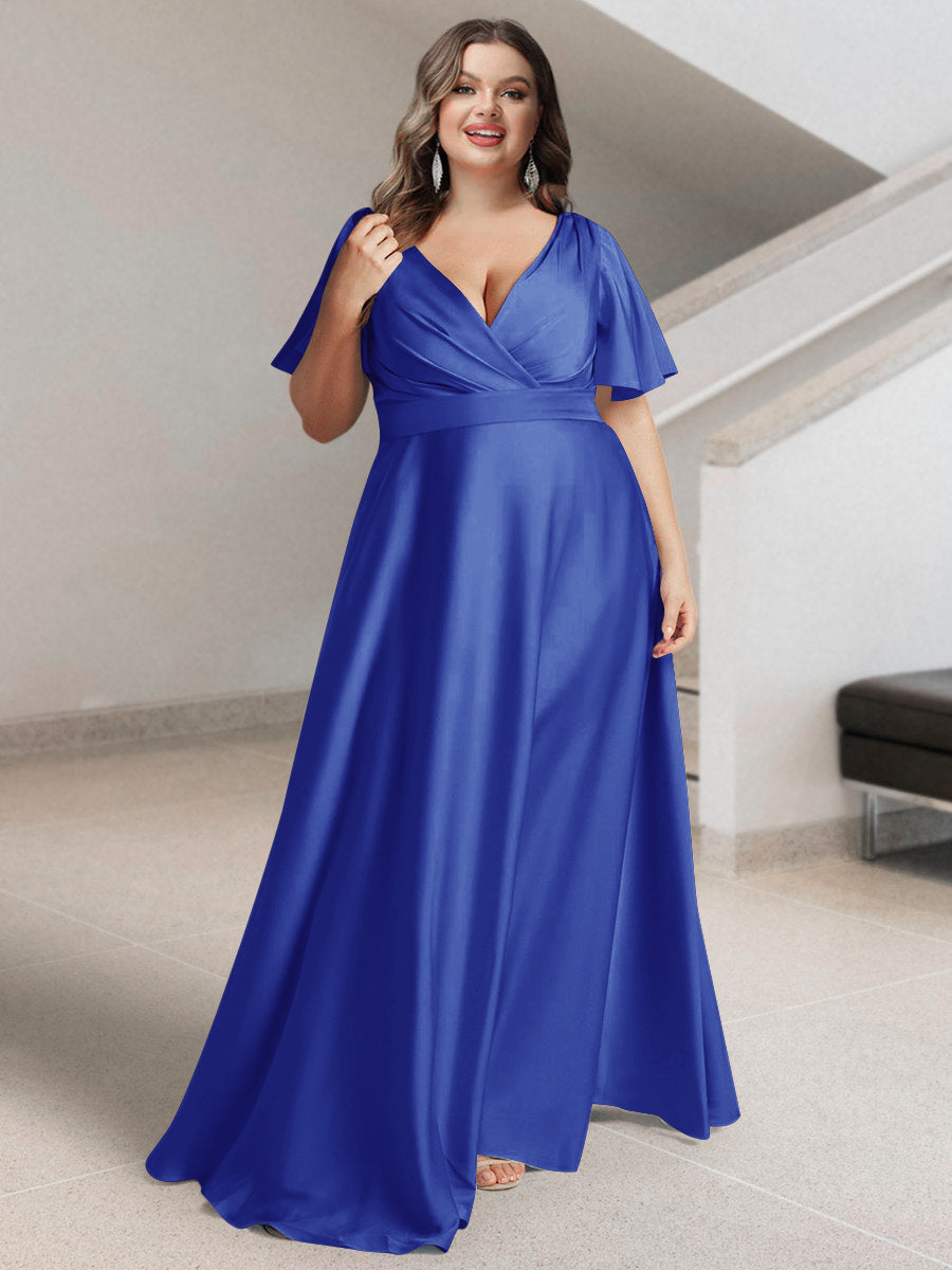 A-Line/Princess V-Neck Short Sleeves Silk Satin Plus Size Bridesmaid Dresses with Pockets - Image 38