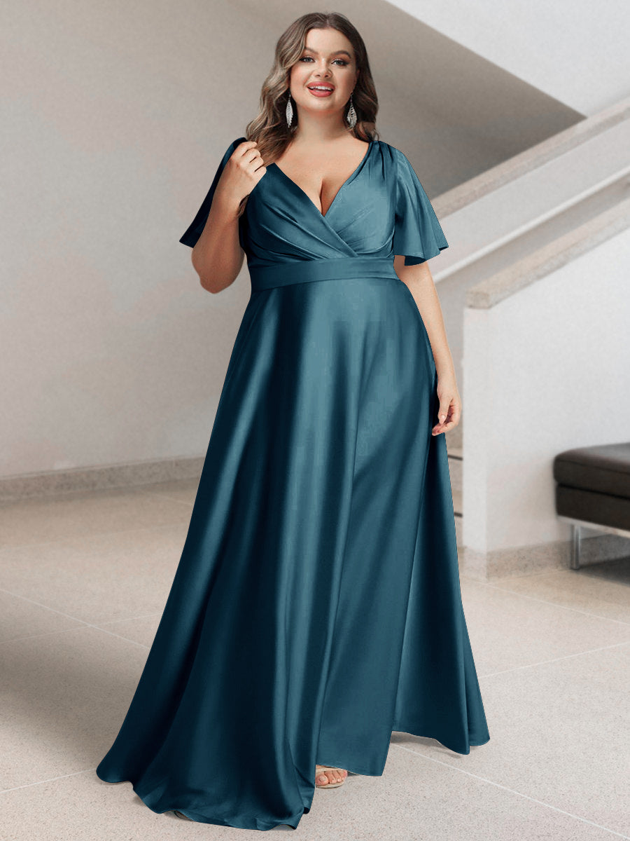 A-Line/Princess V-Neck Short Sleeves Silk Satin Plus Size Bridesmaid Dresses with Pockets - Image 39