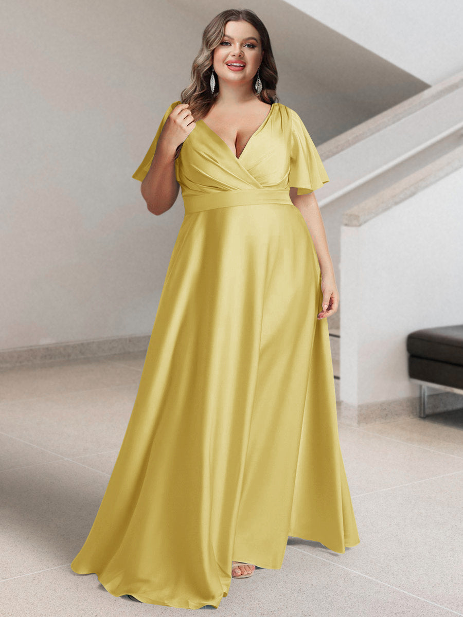 A-Line/Princess V-Neck Short Sleeves Silk Satin Plus Size Bridesmaid Dresses with Pockets - Image 47