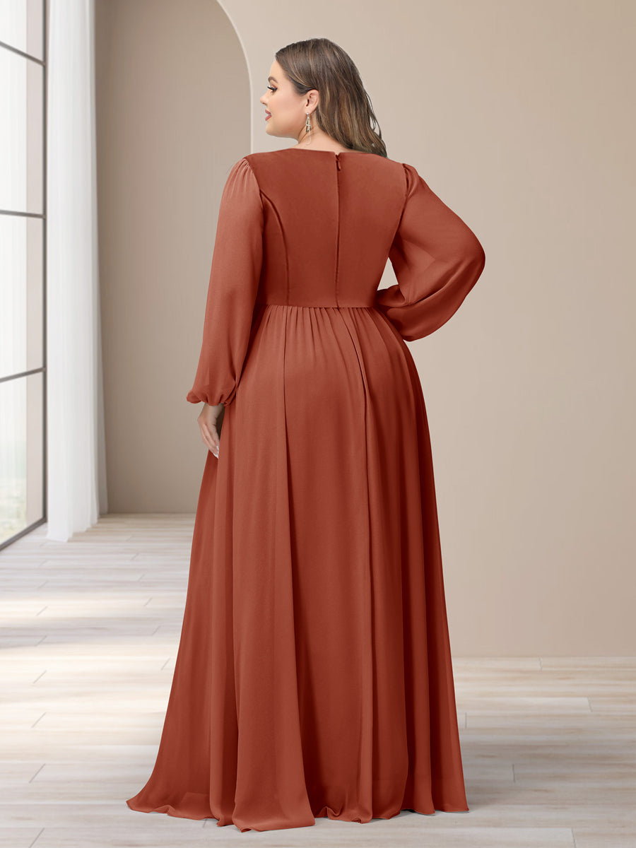 A-Line/Princess V-Neck Long Sleeves Chiffon Long Plus Size Bridesmaid Dresses With Split Side - Image 2