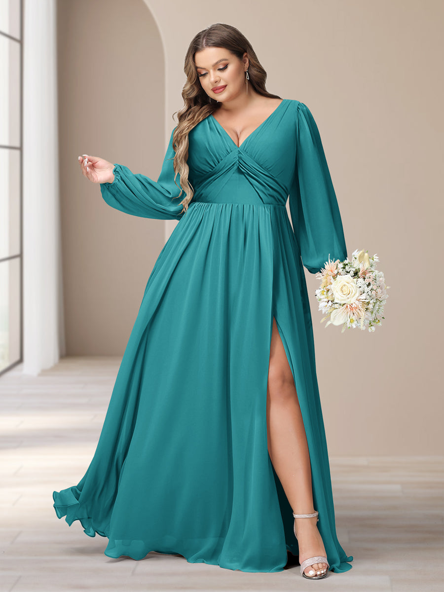 A-Line/Princess V-Neck Long Sleeves Chiffon Long Plus Size Bridesmaid Dresses With Split Side - Image 46