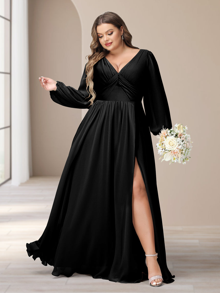 A-Line/Princess V-Neck Long Sleeves Chiffon Long Plus Size Bridesmaid Dresses With Split Side - Image 12