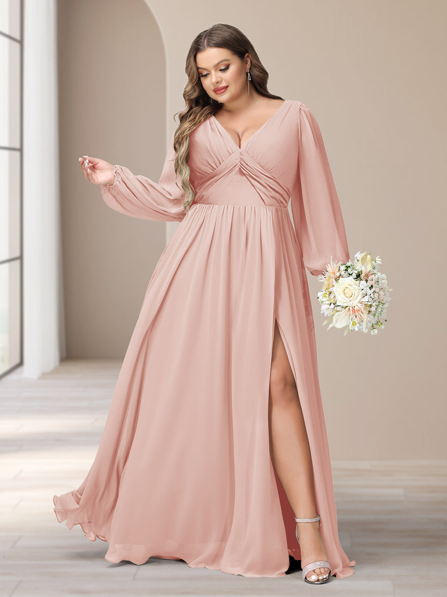A-Line/Princess V-Neck Long Sleeves Chiffon Long Plus Size Bridesmaid Dresses With Split Side - Image 22