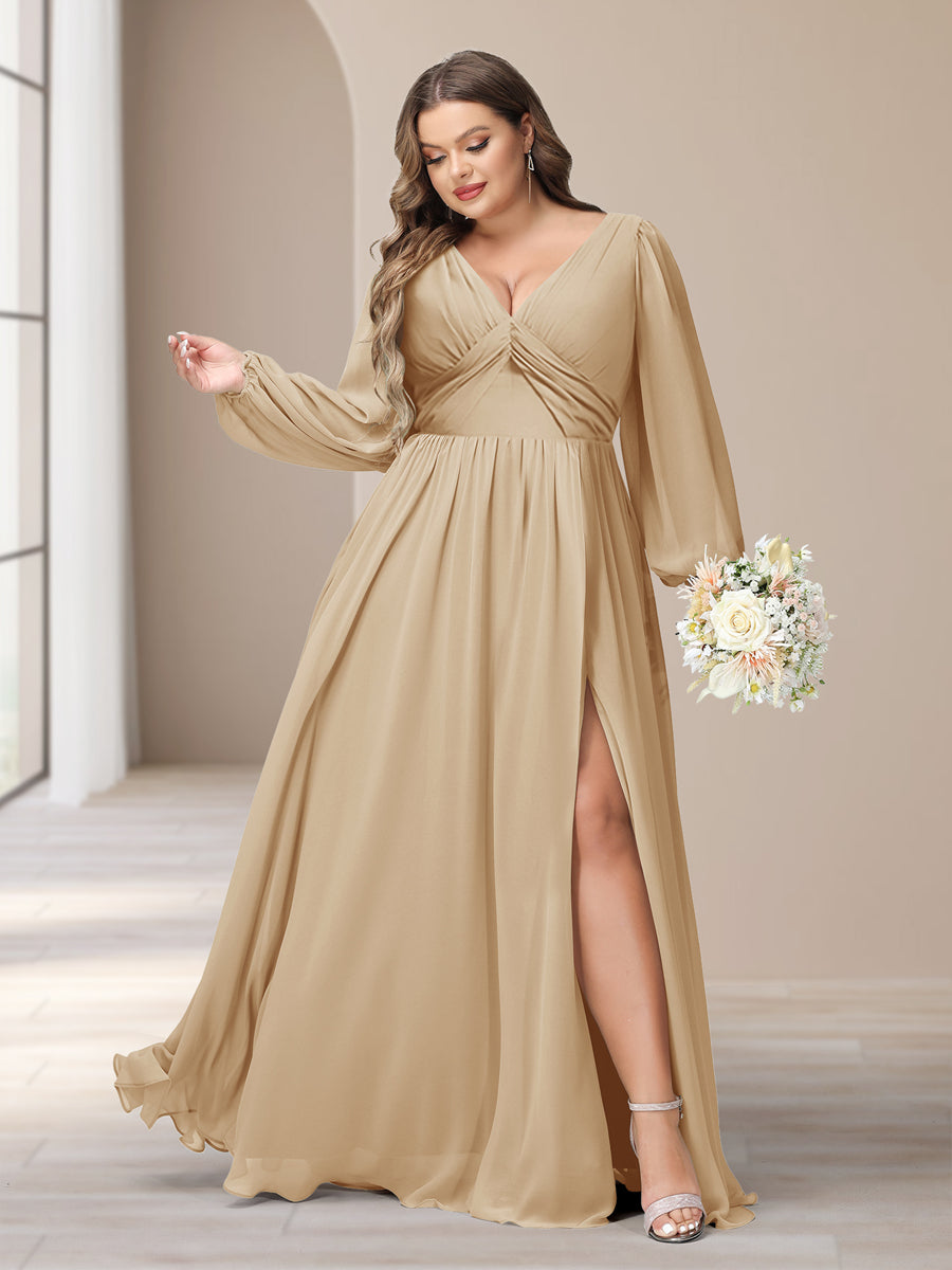 A-Line/Princess V-Neck Long Sleeves Chiffon Long Plus Size Bridesmaid Dresses With Split Side - Image 18