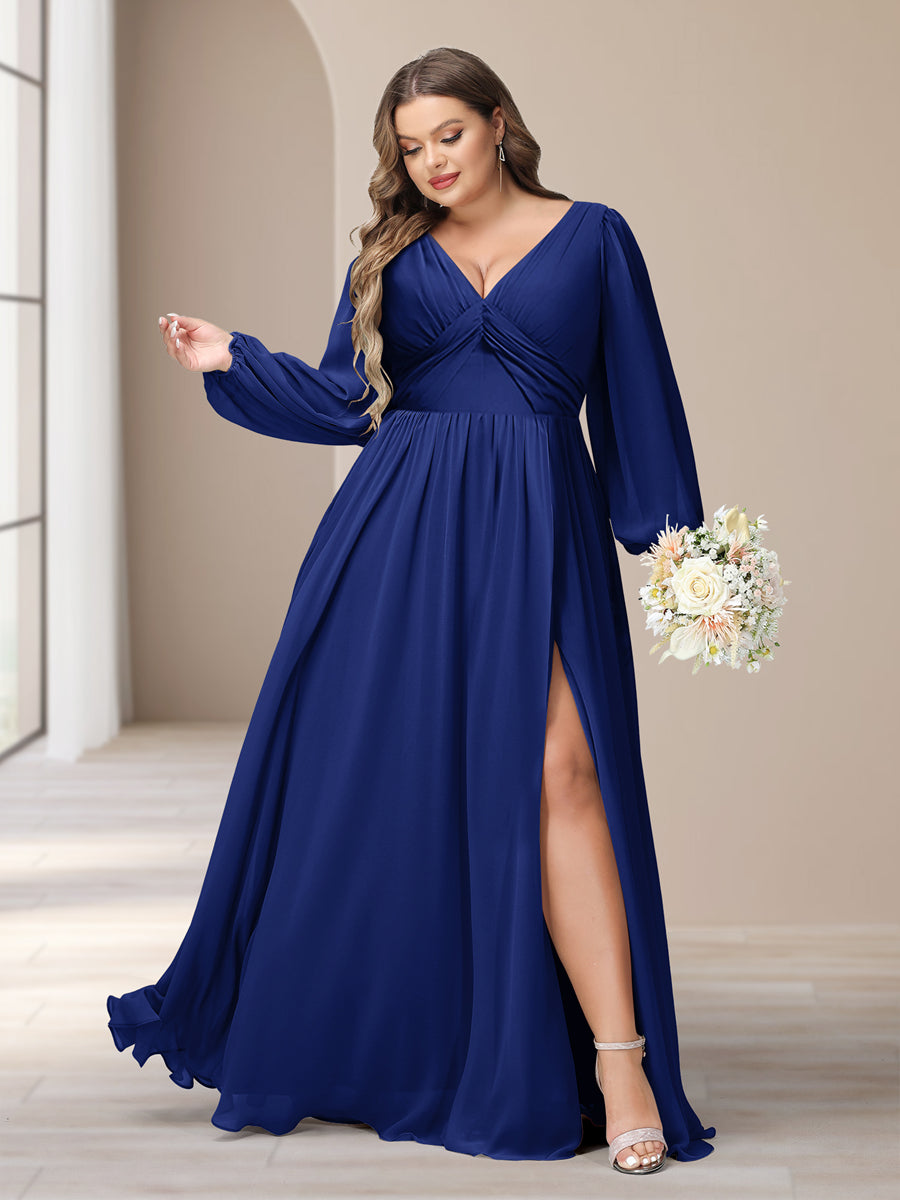 A-Line/Princess V-Neck Long Sleeves Chiffon Long Plus Size Bridesmaid Dresses With Split Side - Image 50