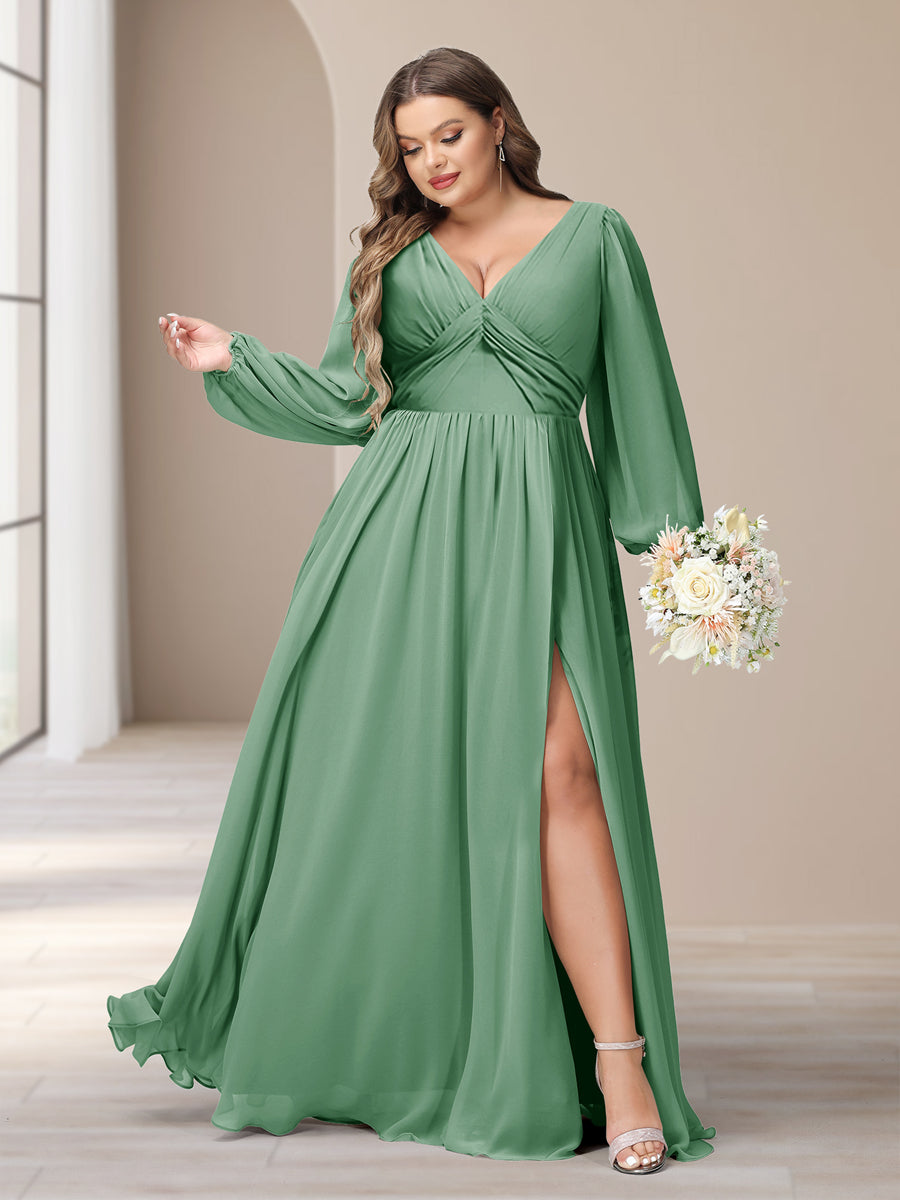 A-Line/Princess V-Neck Long Sleeves Chiffon Long Plus Size Bridesmaid Dresses With Split Side - Image 11