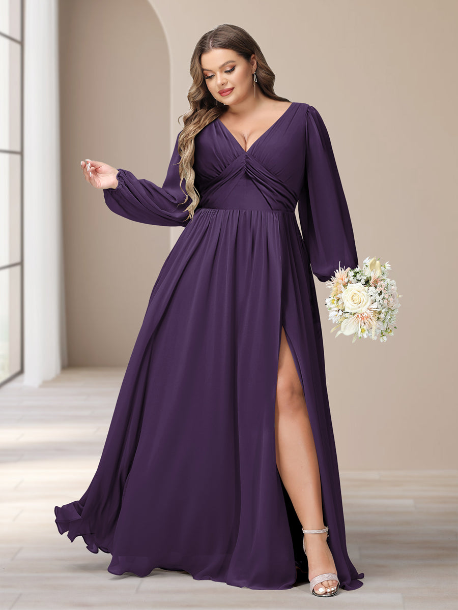 A-Line/Princess V-Neck Long Sleeves Chiffon Long Plus Size Bridesmaid Dresses With Split Side - Image 39