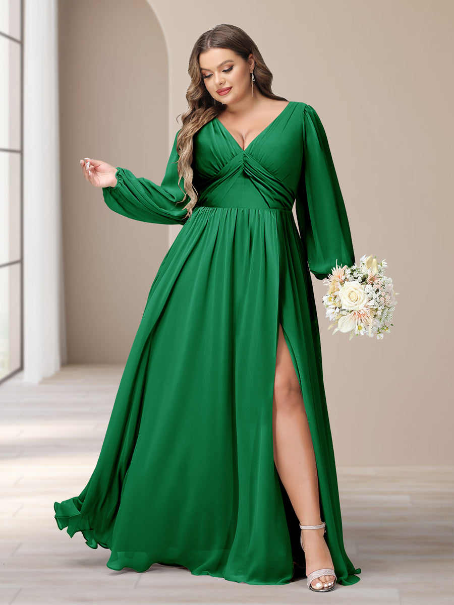 A-Line/Princess V-Neck Long Sleeves Chiffon Long Plus Size Bridesmaid Dresses With Split Side - Image 58