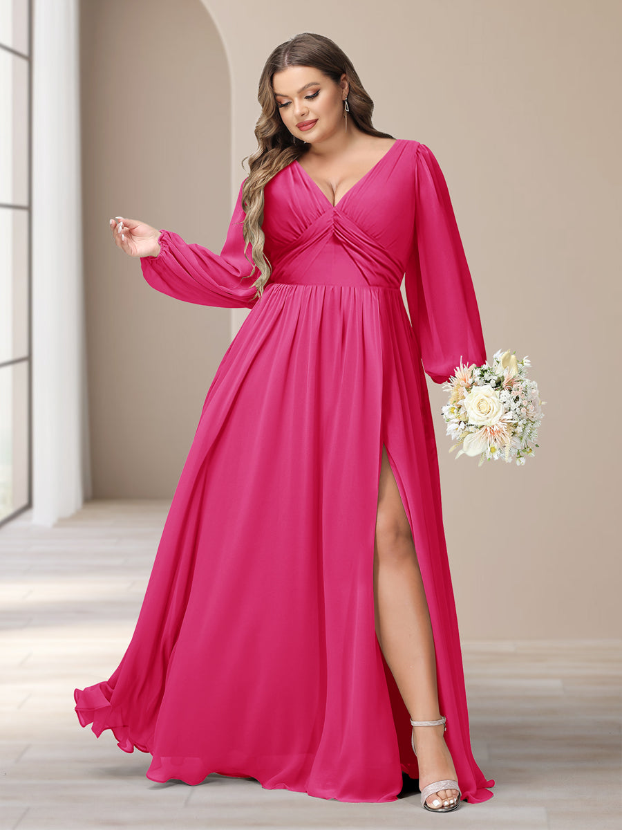 A-Line/Princess V-Neck Long Sleeves Chiffon Long Plus Size Bridesmaid Dresses With Split Side - Image 27