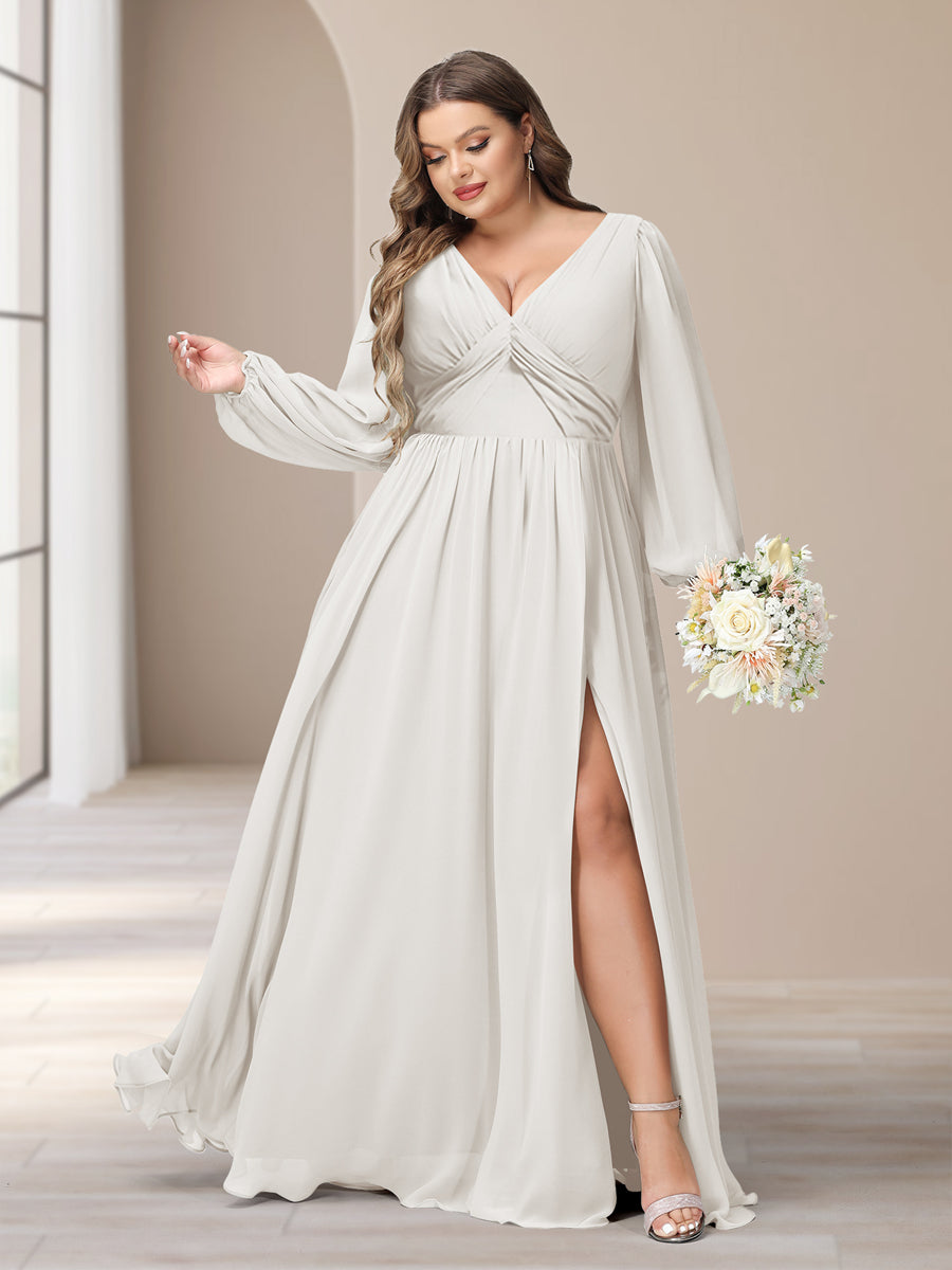 A-Line/Princess V-Neck Long Sleeves Chiffon Long Plus Size Bridesmaid Dresses With Split Side - Image 15