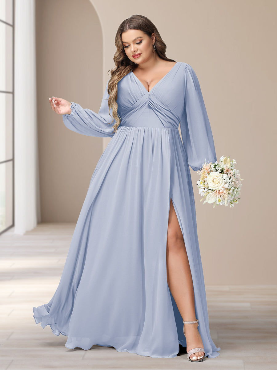 A-Line/Princess V-Neck Long Sleeves Chiffon Long Plus Size Bridesmaid Dresses With Split Side - Image 42