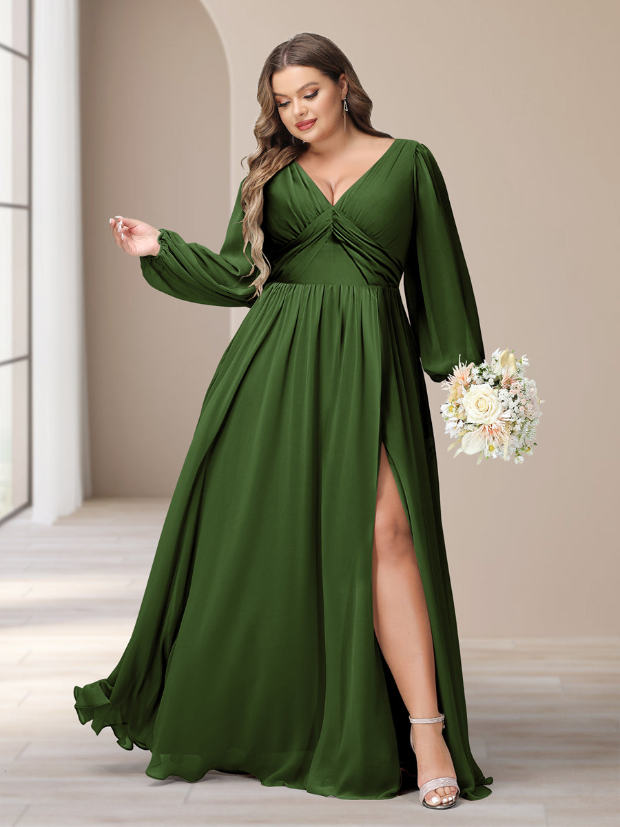 A-Line/Princess V-Neck Long Sleeves Chiffon Long Plus Size Bridesmaid Dresses With Split Side - Image 59