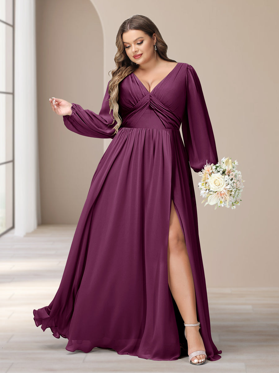 A-Line/Princess V-Neck Long Sleeves Chiffon Long Plus Size Bridesmaid Dresses With Split Side - Image 38