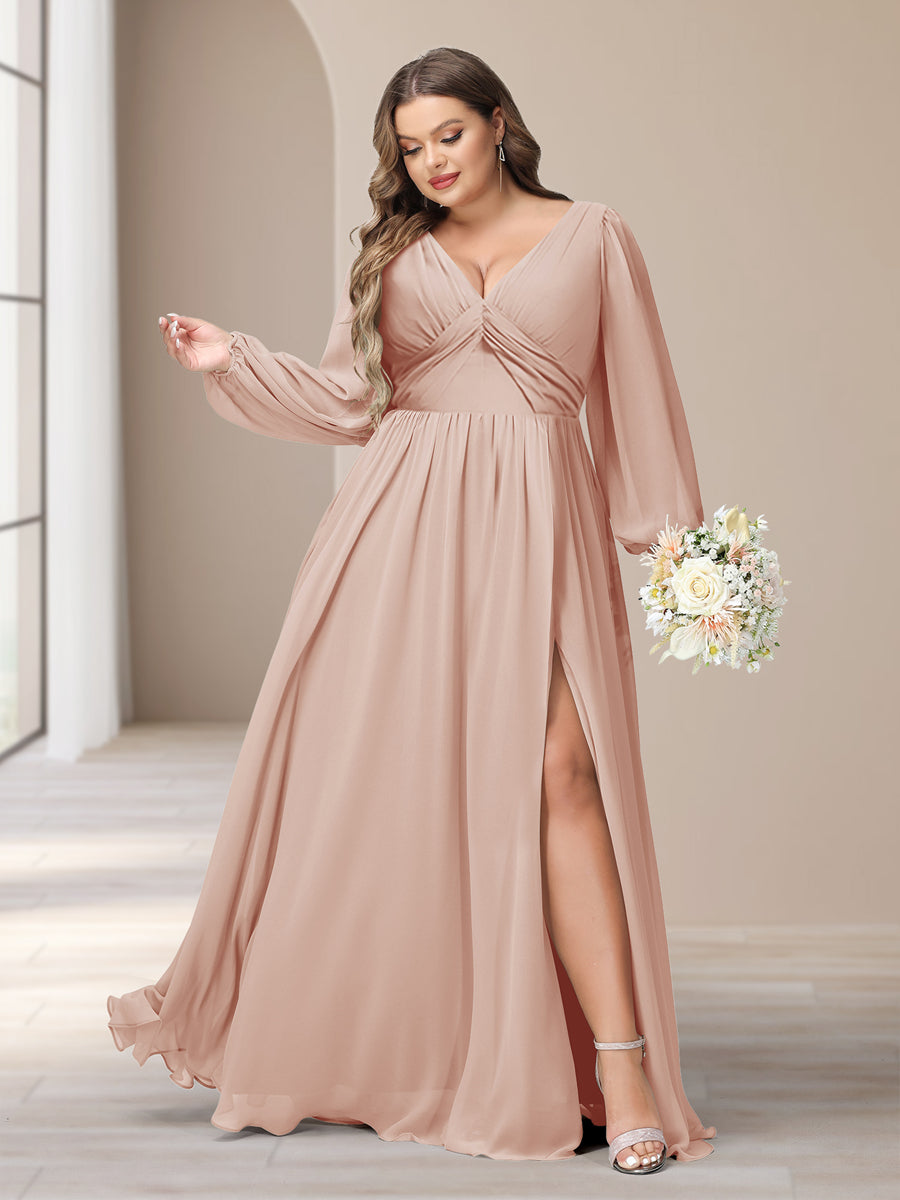 A-Line/Princess V-Neck Long Sleeves Chiffon Long Plus Size Bridesmaid Dresses With Split Side - Image 23