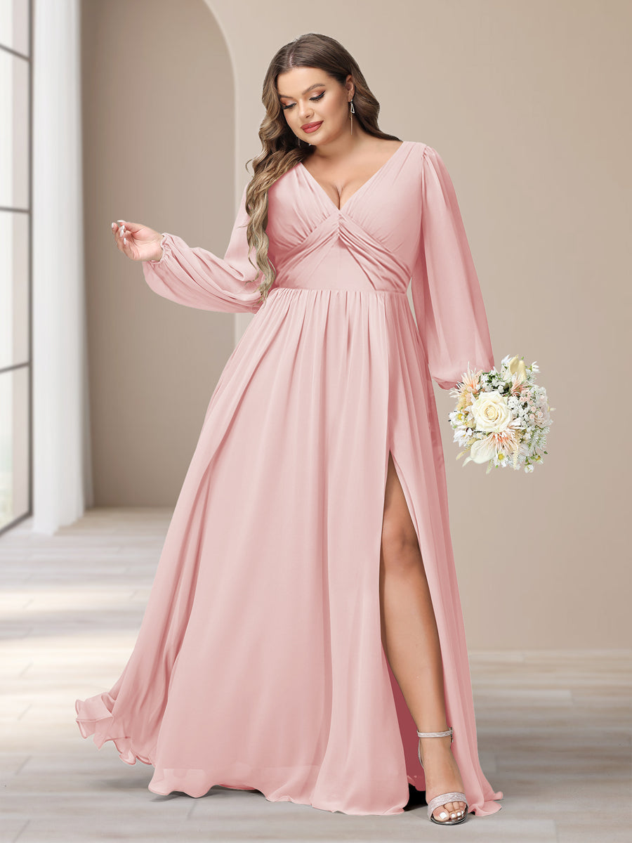 A-Line/Princess V-Neck Long Sleeves Chiffon Long Plus Size Bridesmaid Dresses With Split Side - Image 20