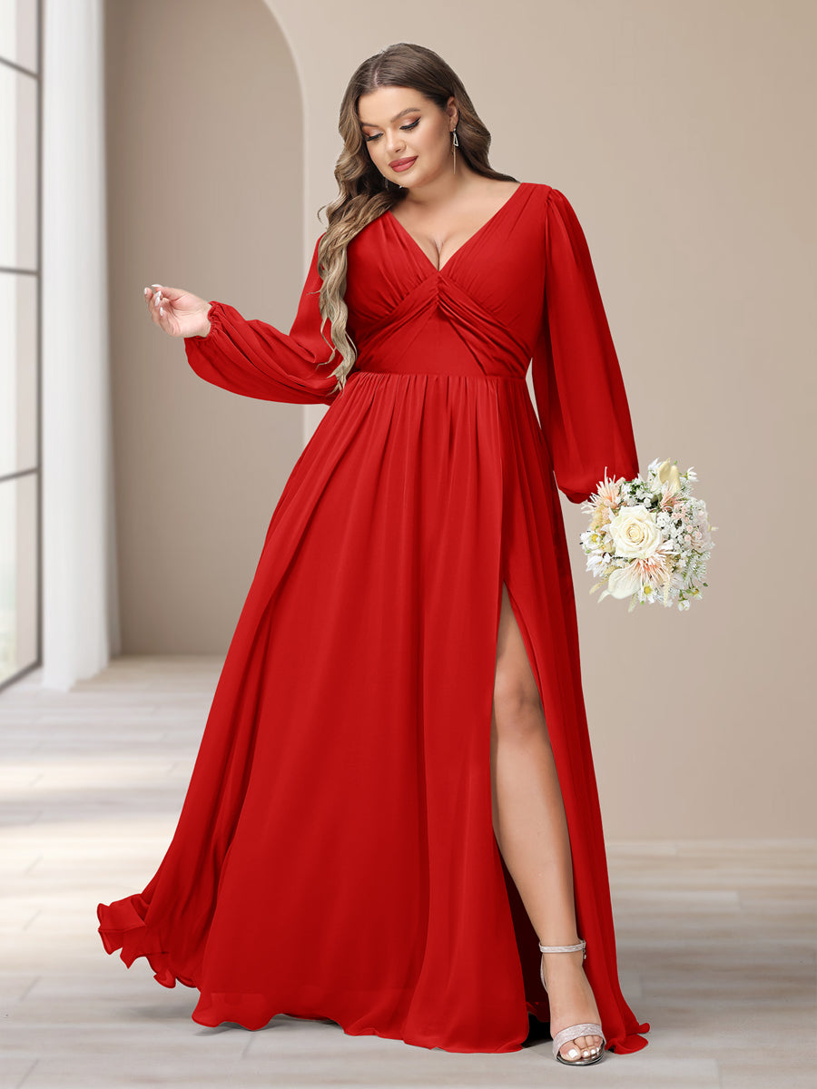 A-Line/Princess V-Neck Long Sleeves Chiffon Long Plus Size Bridesmaid Dresses With Split Side - Image 30