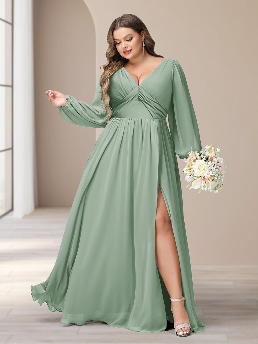 A-Line/Princess V-Neck Long Sleeves Chiffon Long Plus Size Bridesmaid Dresses With Split Side - Image 3