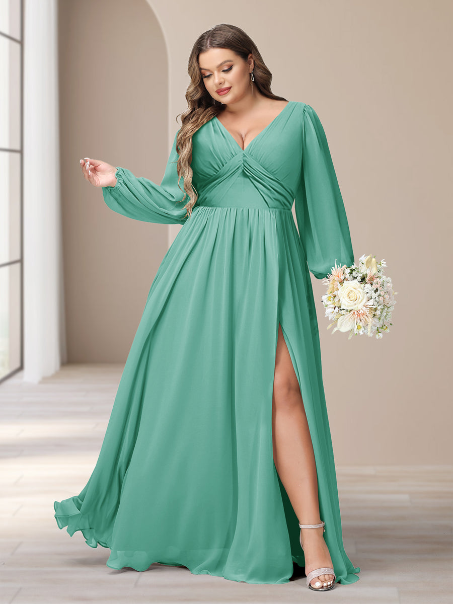 A-Line/Princess V-Neck Long Sleeves Chiffon Long Plus Size Bridesmaid Dresses With Split Side - Image 56