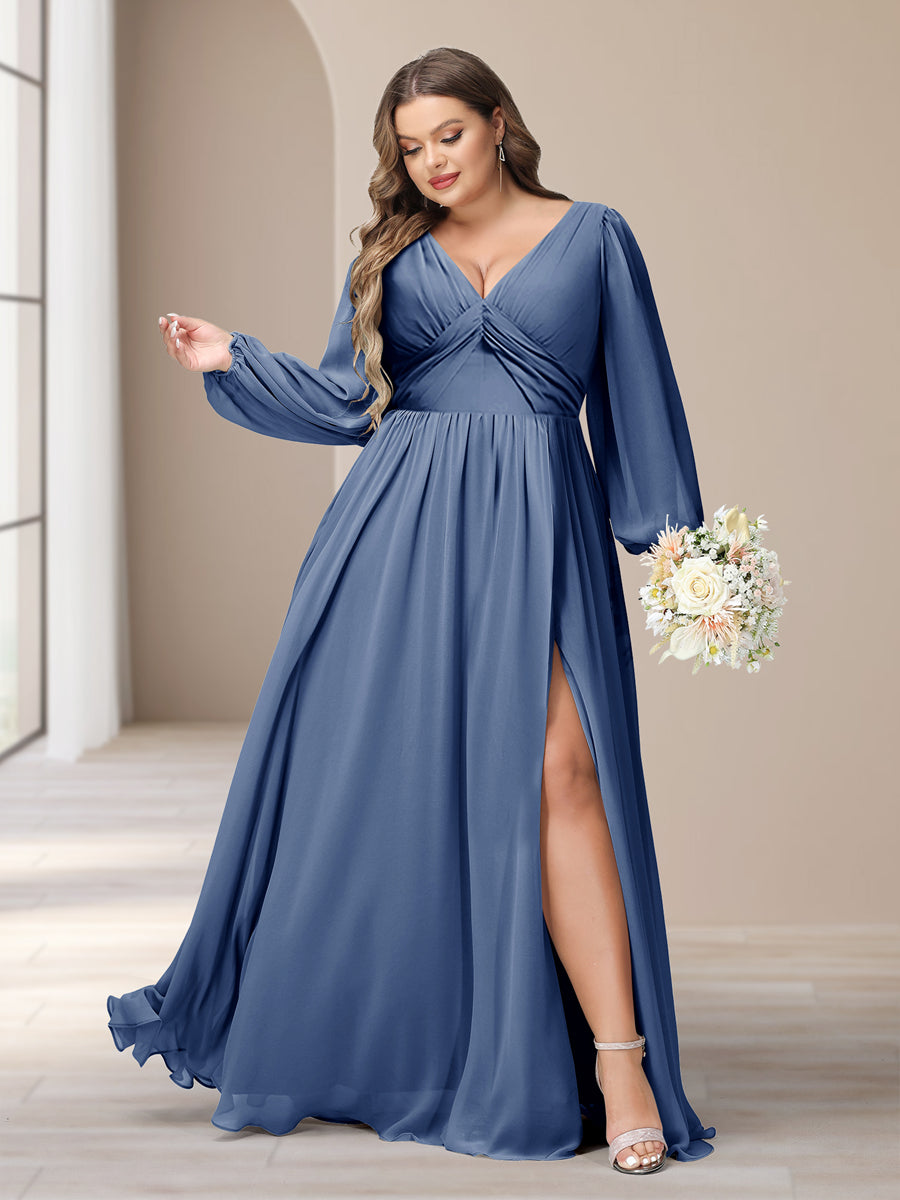 A-Line/Princess V-Neck Long Sleeves Chiffon Long Plus Size Bridesmaid Dresses With Split Side - Image 45