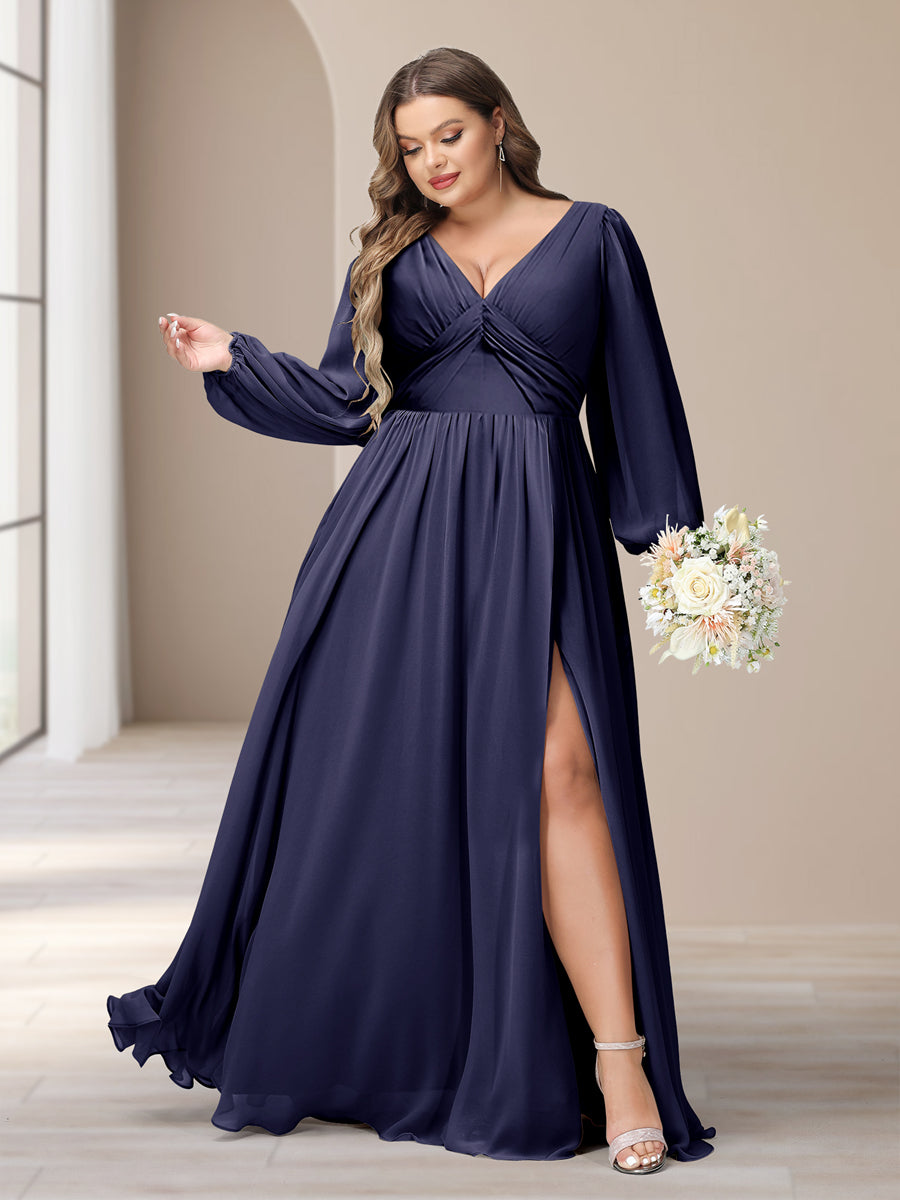 A-Line/Princess V-Neck Long Sleeves Chiffon Long Plus Size Bridesmaid Dresses With Split Side - Image 51