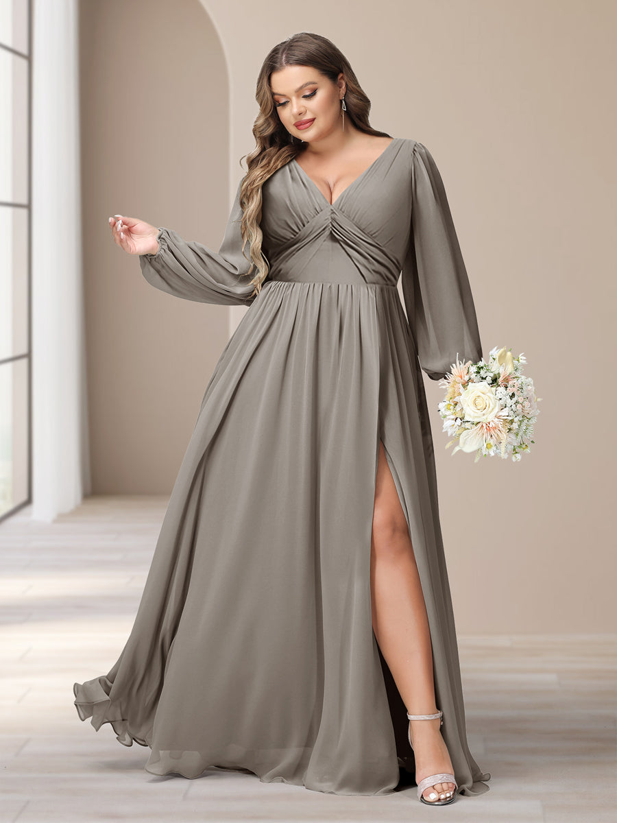 A-Line/Princess V-Neck Long Sleeves Chiffon Long Plus Size Bridesmaid Dresses With Split Side - Image 67