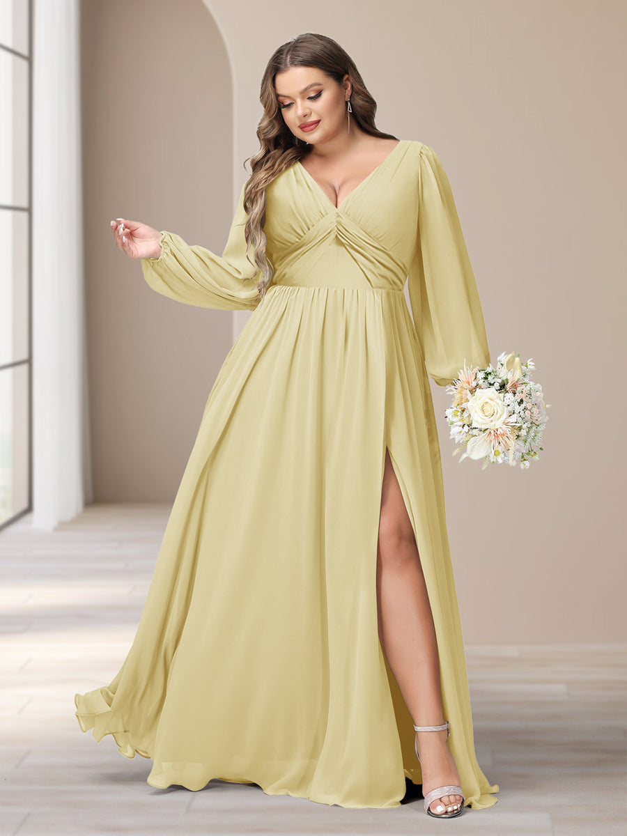 A-Line/Princess V-Neck Long Sleeves Chiffon Long Plus Size Bridesmaid Dresses With Split Side - Image 62