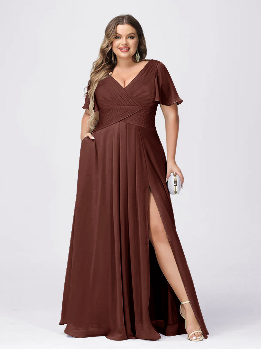 A Line/Princess V-Neck Short Sleeves Plus Size Bridesmaid Dresses with Split Side - 画像 (70)