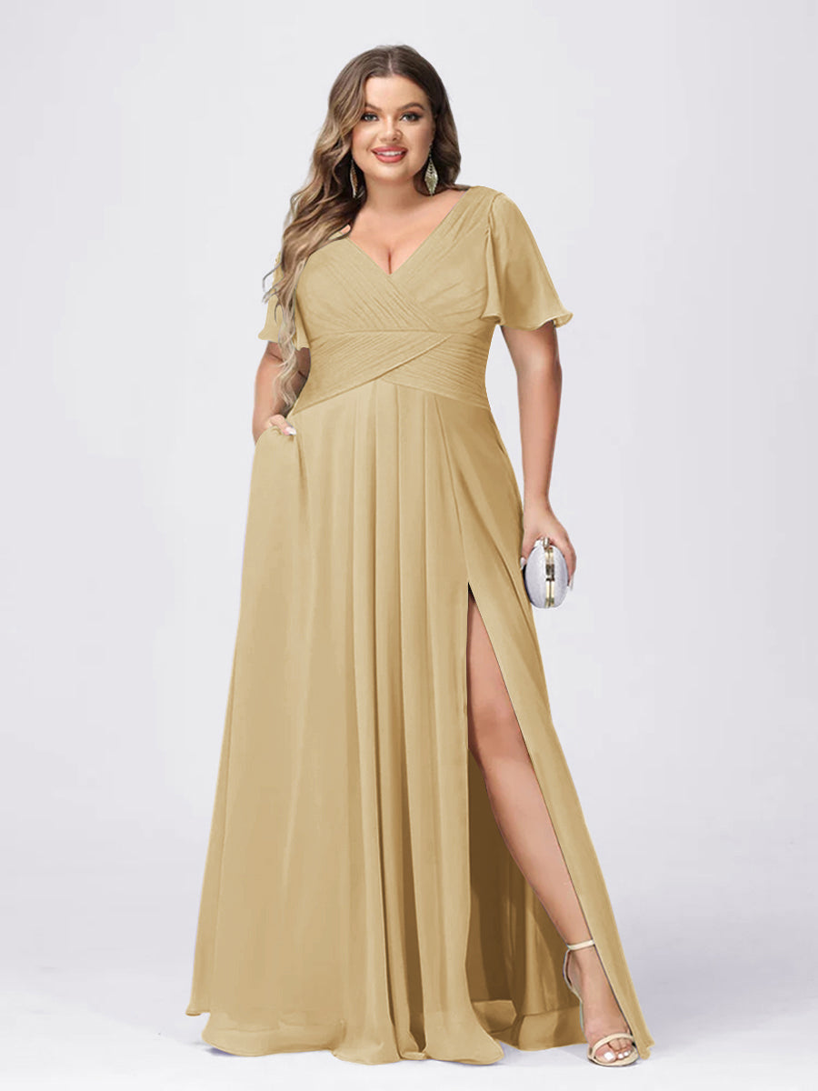 A Line/Princess V-Neck Short Sleeves Plus Size Bridesmaid Dresses with Split Side - 画像 (19)