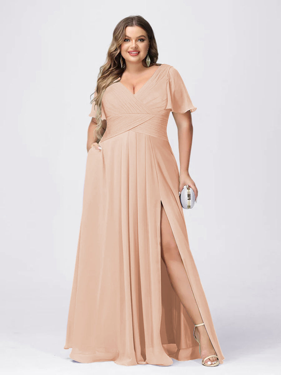 A Line/Princess V-Neck Short Sleeves Plus Size Bridesmaid Dresses with Split Side - 画像 (18)