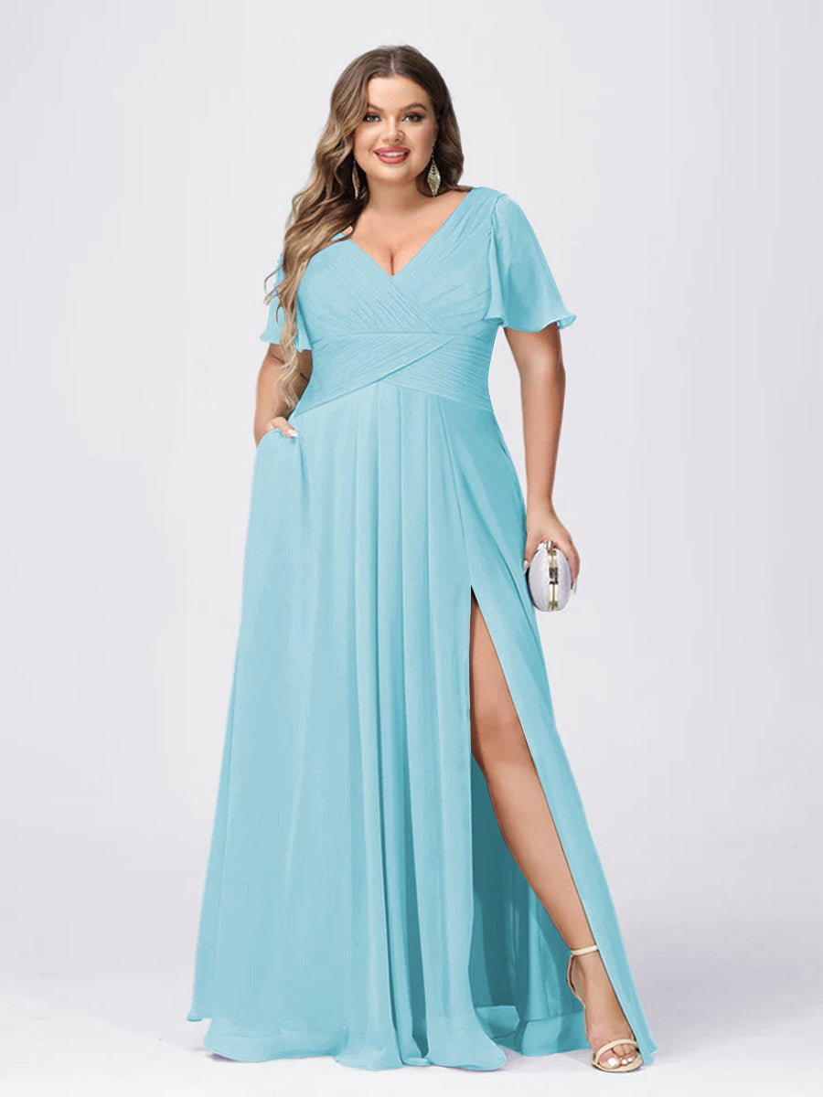 A Line/Princess V-Neck Short Sleeves Plus Size Bridesmaid Dresses with Split Side - 画像 (44)