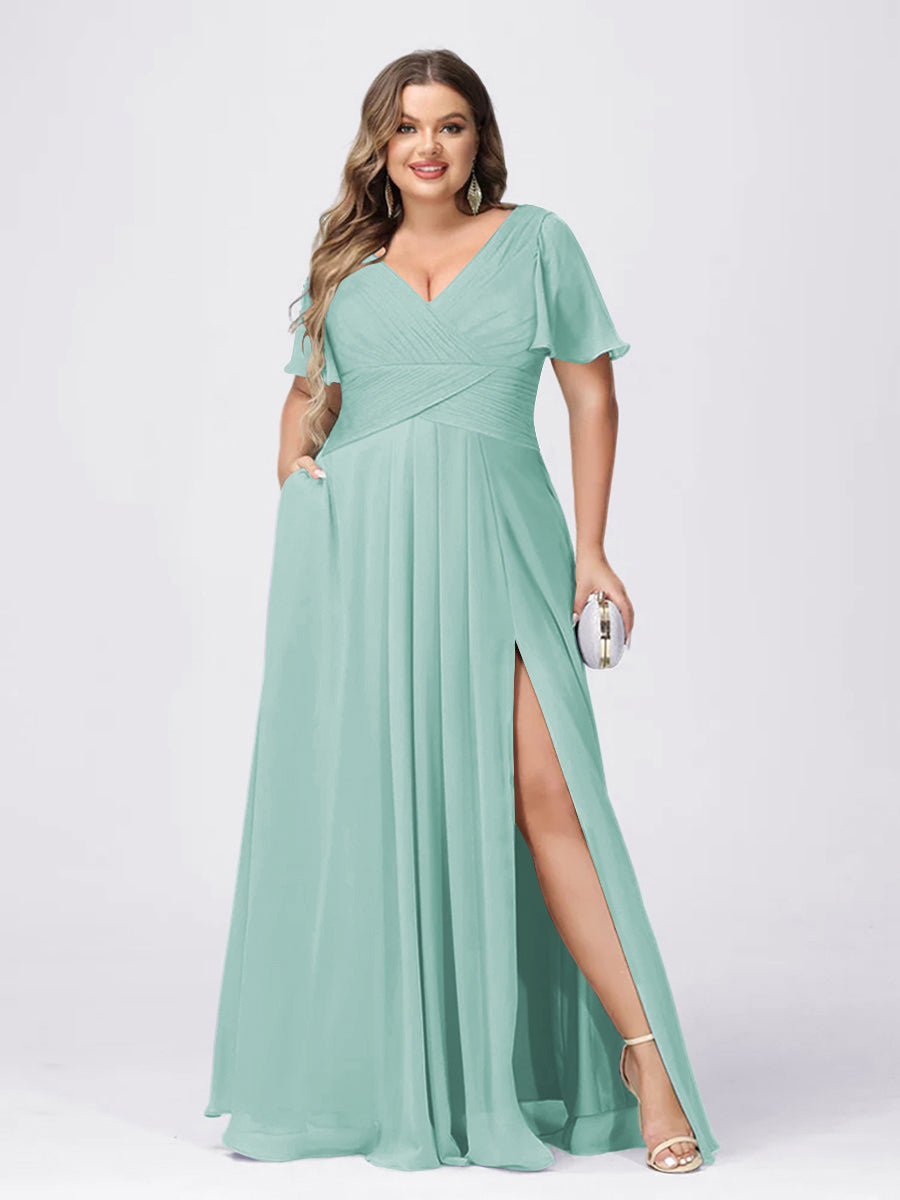 A Line/Princess V-Neck Short Sleeves Plus Size Bridesmaid Dresses with Split Side - 画像 (55)