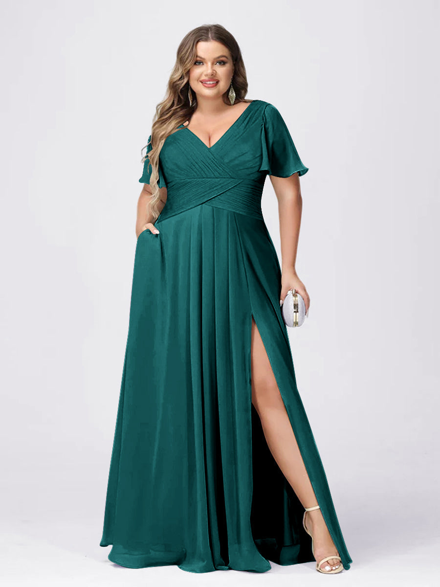 A Line/Princess V-Neck Short Sleeves Plus Size Bridesmaid Dresses with Split Side - 画像 (61)