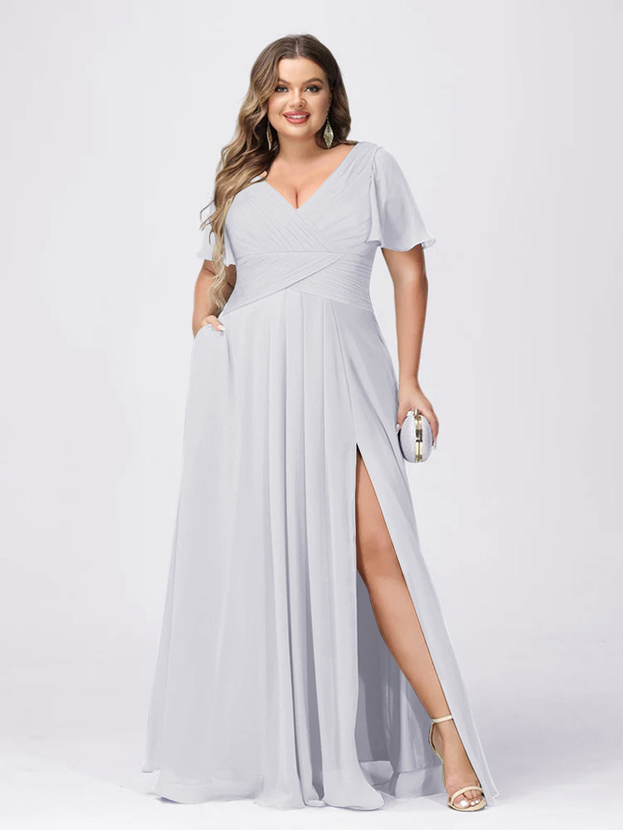 A Line/Princess V-Neck Short Sleeves Plus Size Bridesmaid Dresses with Split Side - 画像 (14)