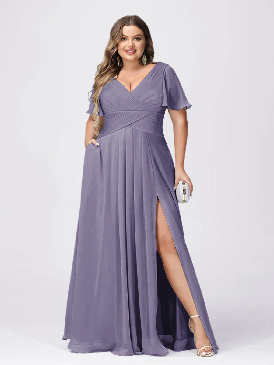 A Line/Princess V-Neck Short Sleeves Plus Size Bridesmaid Dresses with Split Side - 画像 (34)