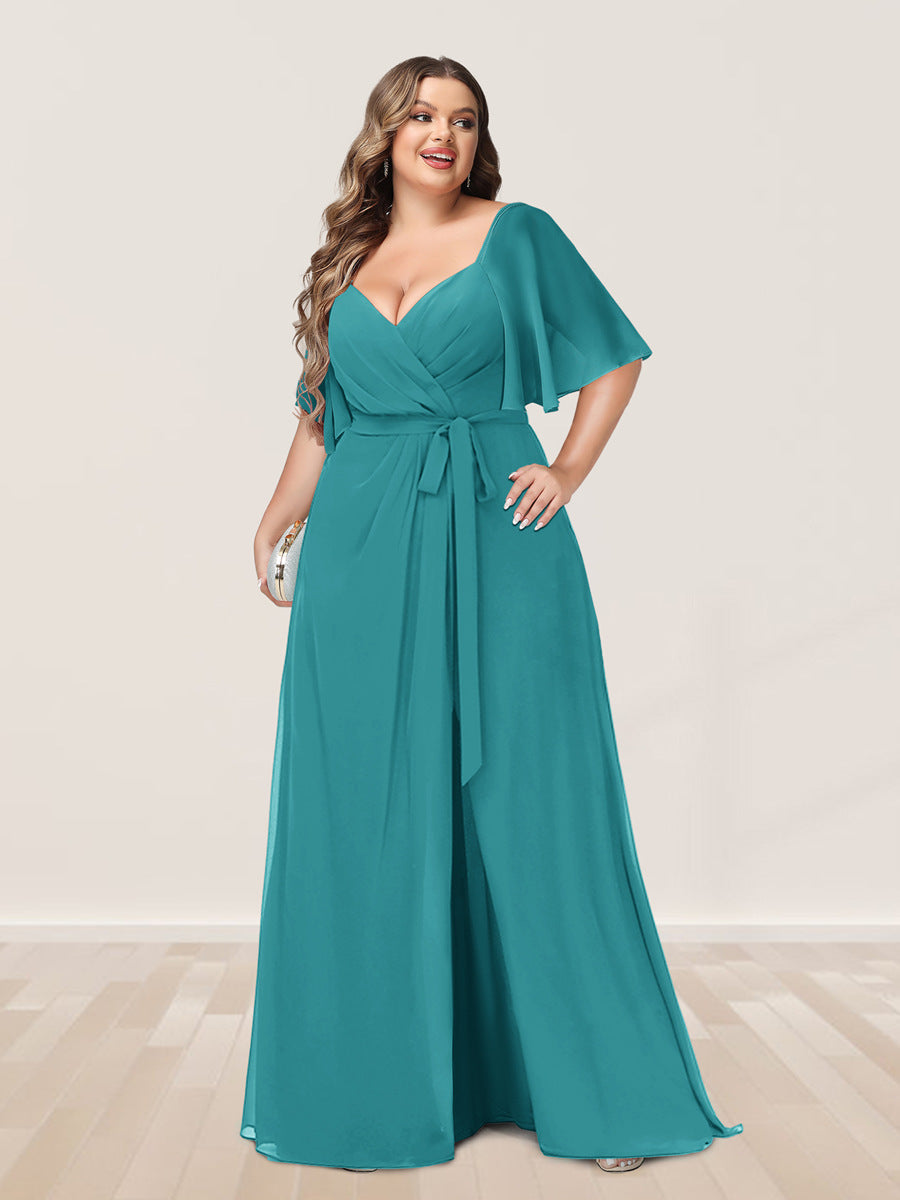A-Line/Princess V-Neck Half Sleeves Plus Size Bridesmaid Dresses with Split Side - 画像 (47)