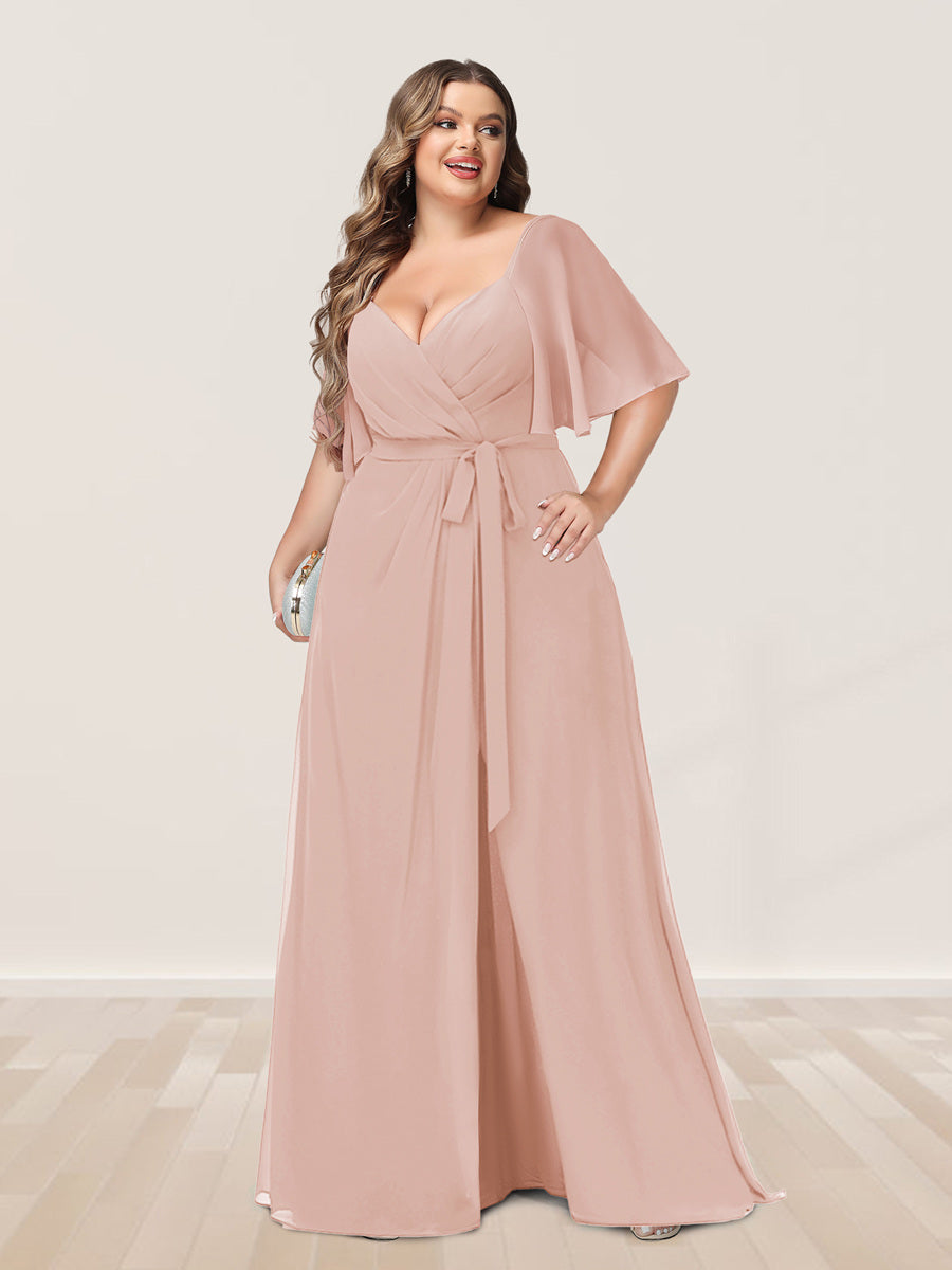 A-Line/Princess V-Neck Half Sleeves Plus Size Bridesmaid Dresses with Split Side - 画像 (23)