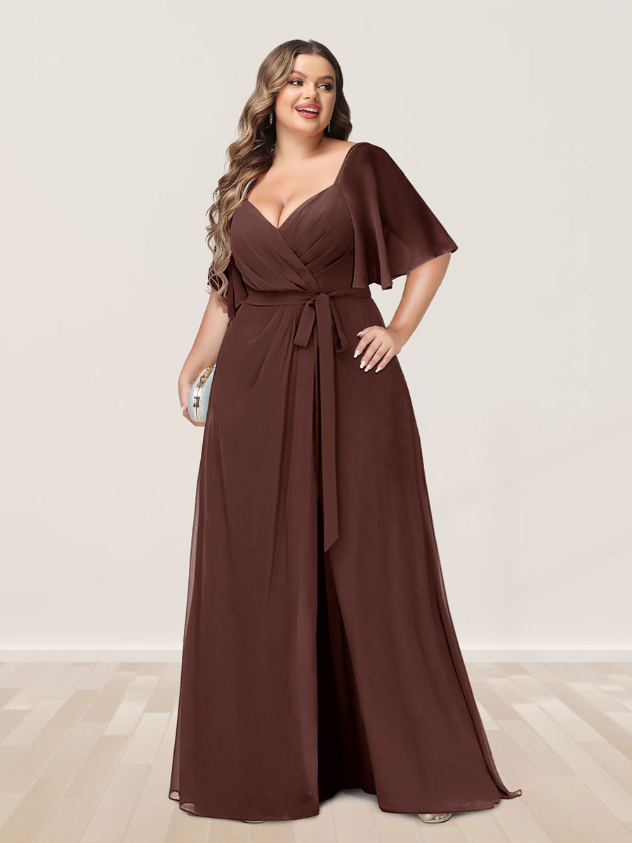 A-Line/Princess V-Neck Half Sleeves Plus Size Bridesmaid Dresses with Split Side - 画像 (70)
