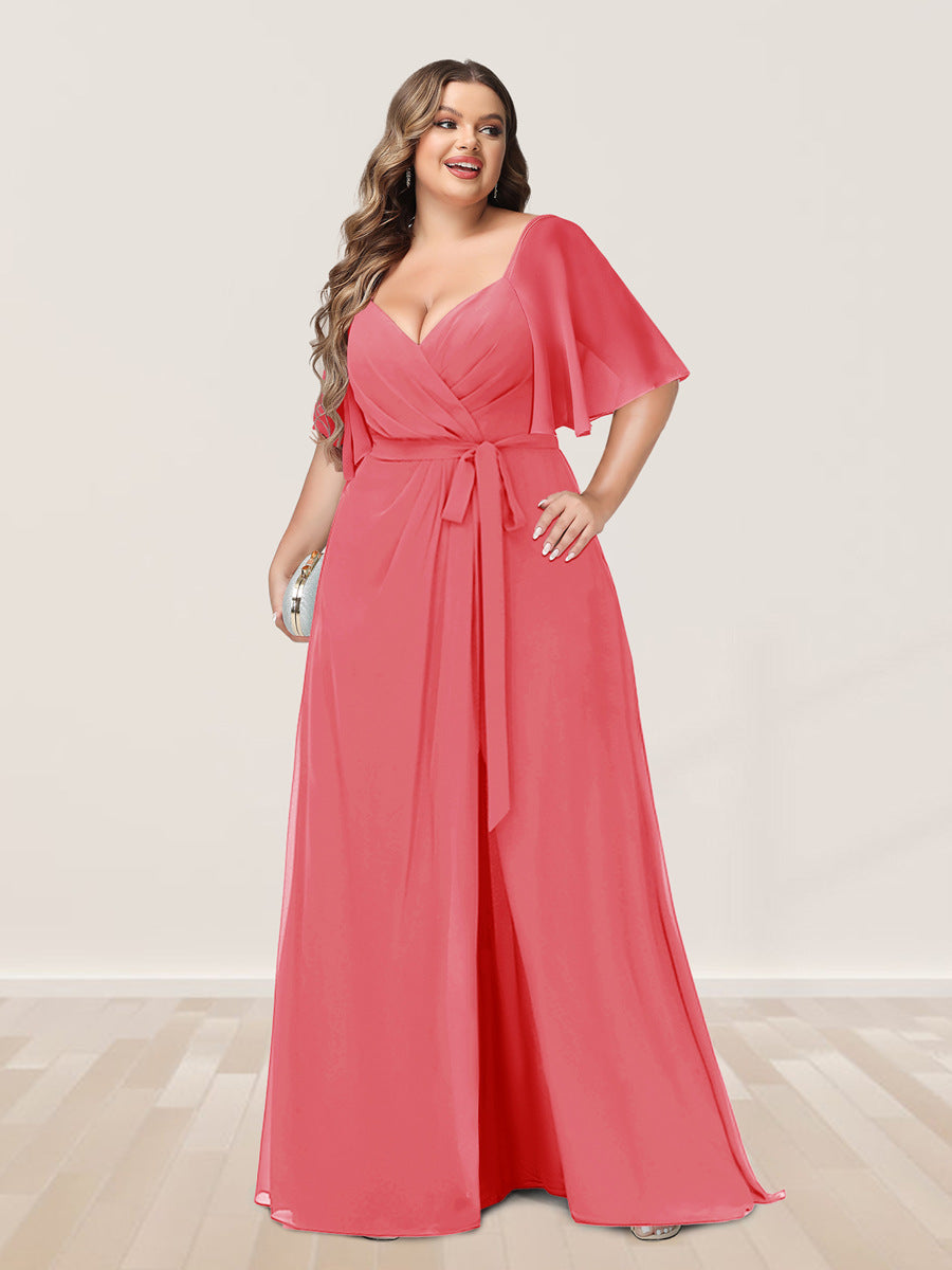 A-Line/Princess V-Neck Half Sleeves Plus Size Bridesmaid Dresses with Split Side - 画像 (27)