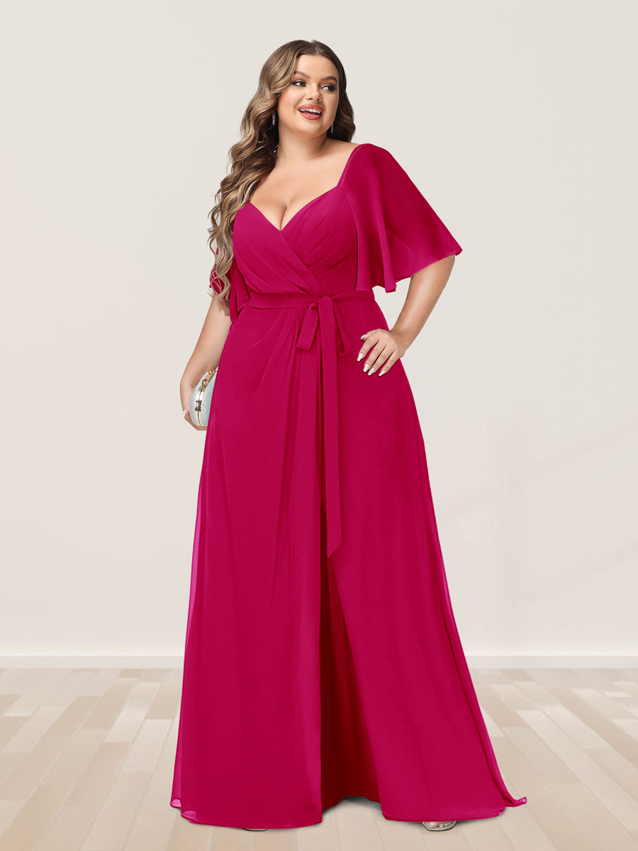 A-Line/Princess V-Neck Half Sleeves Plus Size Bridesmaid Dresses with Split Side - 画像 (30)