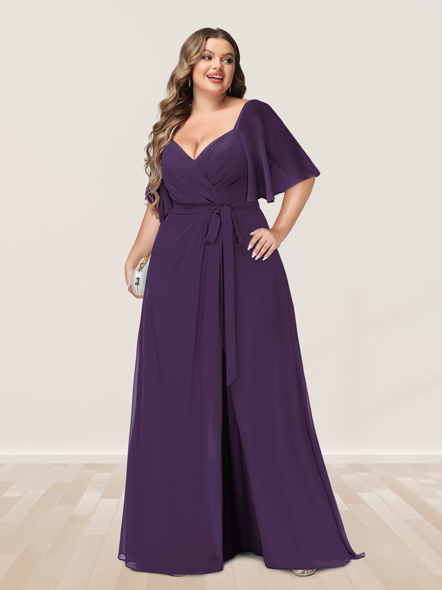 A-Line/Princess V-Neck Half Sleeves Plus Size Bridesmaid Dresses with Split Side - 画像 (40)