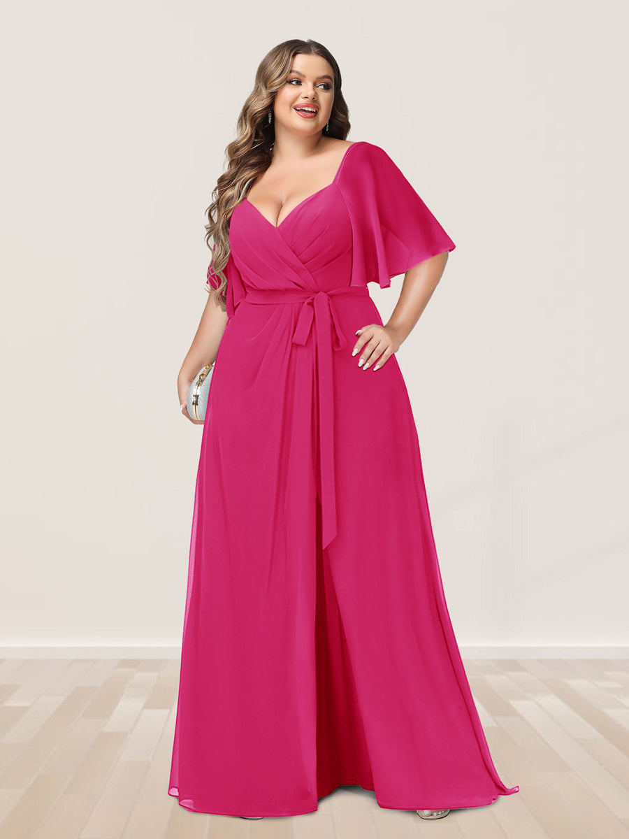 A-Line/Princess V-Neck Half Sleeves Plus Size Bridesmaid Dresses with Split Side - 画像 (28)