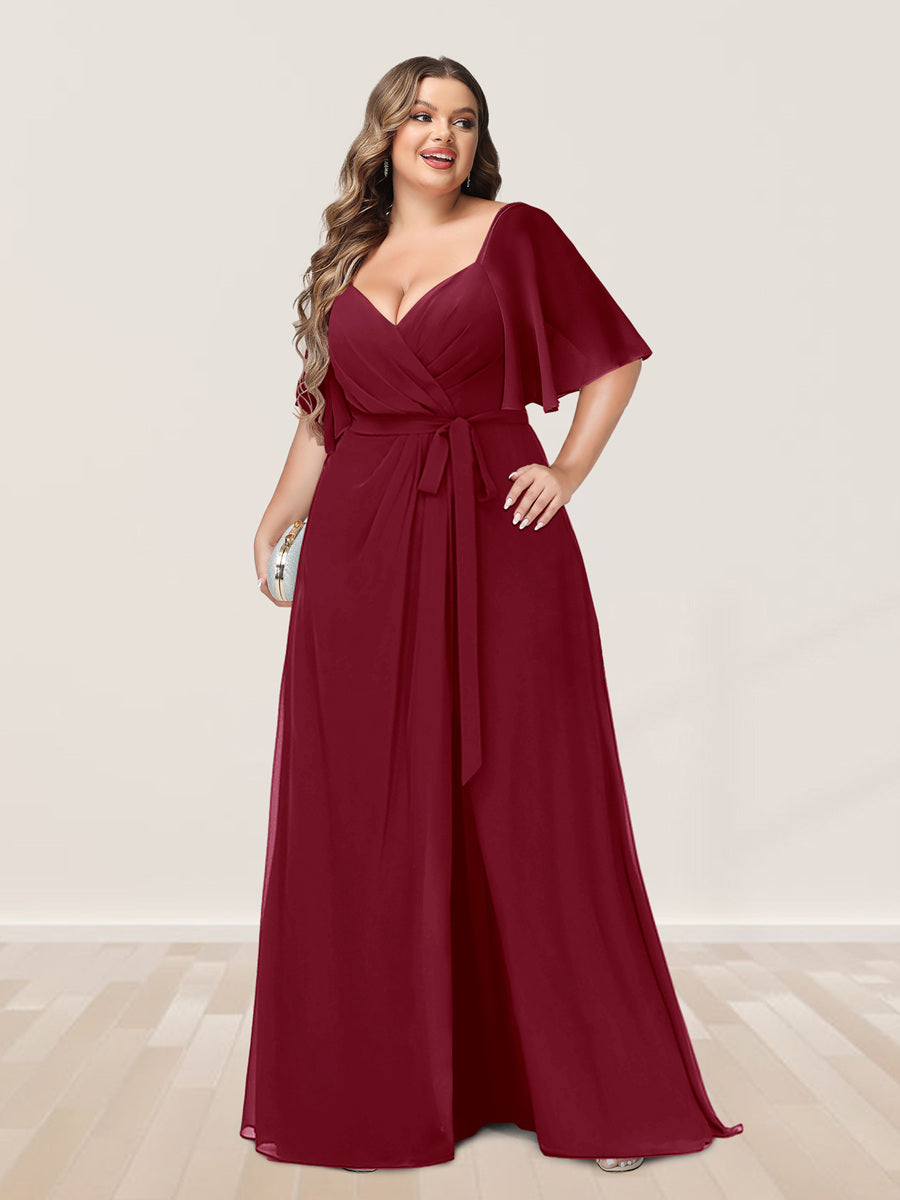 A-Line/Princess V-Neck Half Sleeves Plus Size Bridesmaid Dresses with Split Side - 画像 (33)