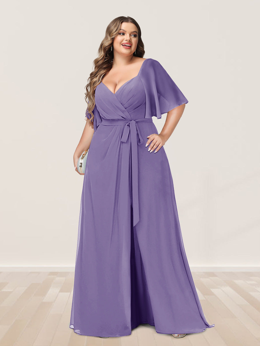 A-Line/Princess V-Neck Half Sleeves Plus Size Bridesmaid Dresses with Split Side - 画像 (36)