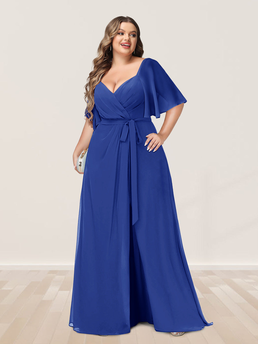 A-Line/Princess V-Neck Half Sleeves Plus Size Bridesmaid Dresses with Split Side - 画像 (49)