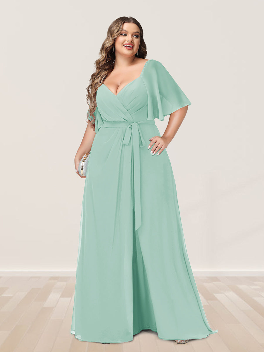 A-Line/Princess V-Neck Half Sleeves Plus Size Bridesmaid Dresses with Split Side - 画像 (56)