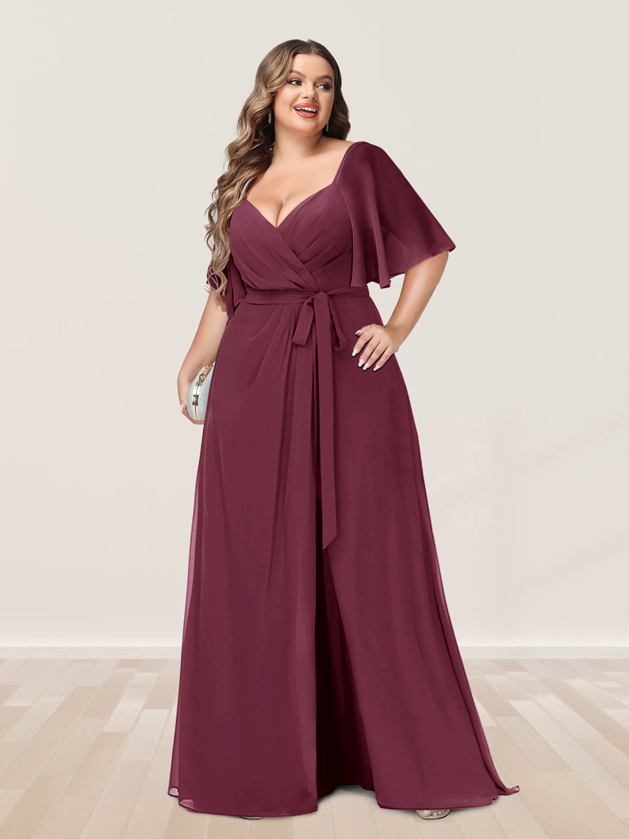 A-Line/Princess V-Neck Half Sleeves Plus Size Bridesmaid Dresses with Split Side - 画像 (38)
