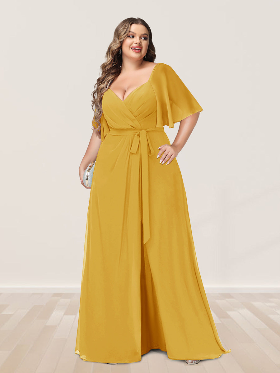 A-Line/Princess V-Neck Half Sleeves Plus Size Bridesmaid Dresses with Split Side - 画像 (65)