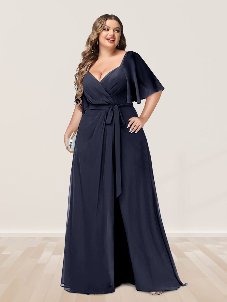 A-Line/Princess V-Neck Half Sleeves Plus Size Bridesmaid Dresses with Split Side - 画像 (54)